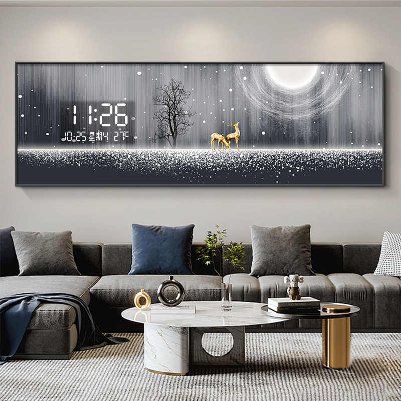 Luxury Lifestyle Background - ภาพตกแต่งห้องนั่งเล่นลายกวางหรูหราสไตล์ xx-Light พร้อมนาฬิกาอิเล็กทรอนิกส์ ภาพแขวนผนังหลังโซฟา ภาพจิตรกรรมฝาผนังแบบมีไฟ
