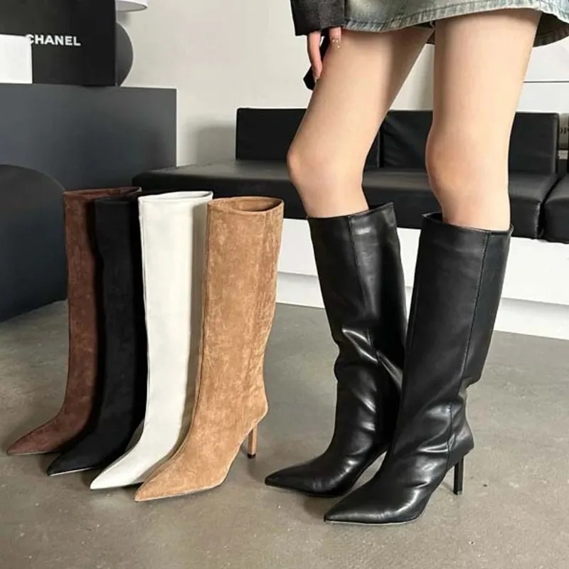 Luxury Lifestyle Shoes - รองเท้าบูทผู้หญิงทรงยาวหรูหรา แฟชั่นหนังกลับทรงสลัช สไตล์ฝรั่งเศส หัวแหลม ส้นสูง รองเท้าดีไซเนอร์สำหรับผู้หญิง
