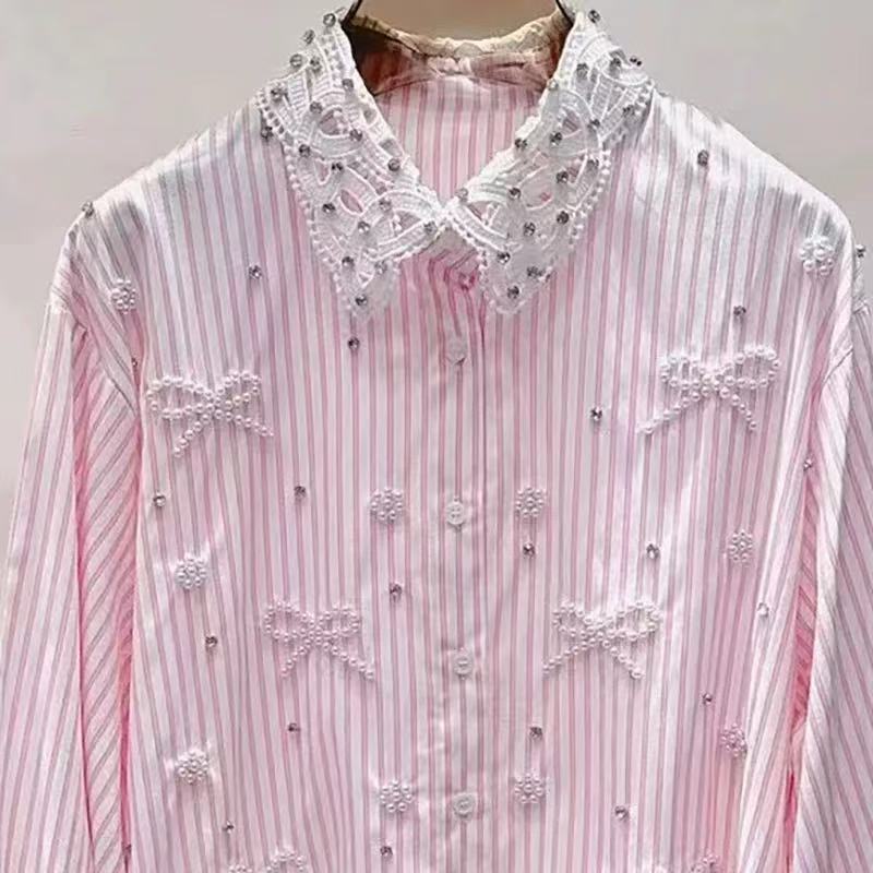 Luxury Lifestyle Women - เสื้อเบลาส์สไตล์หรูหรา ประดับลูกปัดลายลูกแพร์ เสื้อเชิ้ตลายทาง เสื้อเบลาส์ผู้หญิง ฤดูใบไม้ผลิ ฤดูร้อน