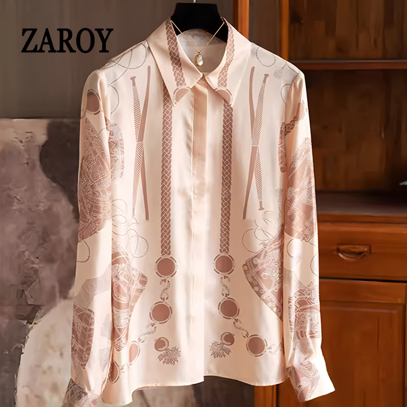 Luxury Lifestyle Women - เสื้อเชิ้ตผู้หญิงลายพิมพ์โซ่ ZAROY แขนยาว ปกเสื้อติดกระดุม ทรงเข้ารูป เสื้อผู้หญิงสไตล์หรูหรา