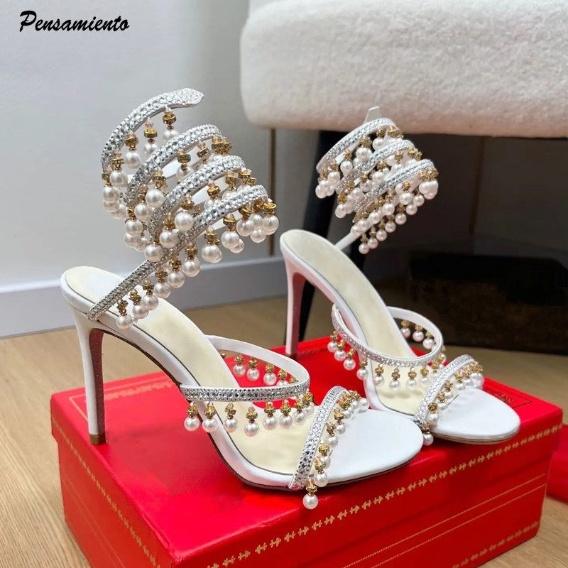 Luxury Lifestyle Shoes - รองเท้าส้นสูงประดับมุกและคริสตัลหรูหรา สไตล์กลาดิเอเตอร์ สายรัดข้อเท้าลายงู ผ้าซาติน เหมาะสำหรับงานเลี้ยงฤดูร้อนและงานแต่งงาน
