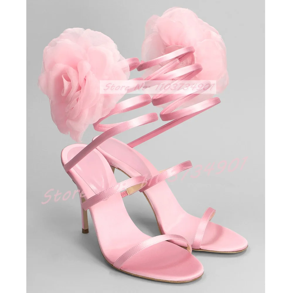 Luxury Lifestyle Shoes - รองเท้าแตะสายรัดส้นแฟชั่นสำหรับผู้หญิงรองเท้าแตะส้นเข็มกลมทำจากผ้าซาตินหรูหราของหรูหราของผู้หญิงลายดอกไม้สีชมพู