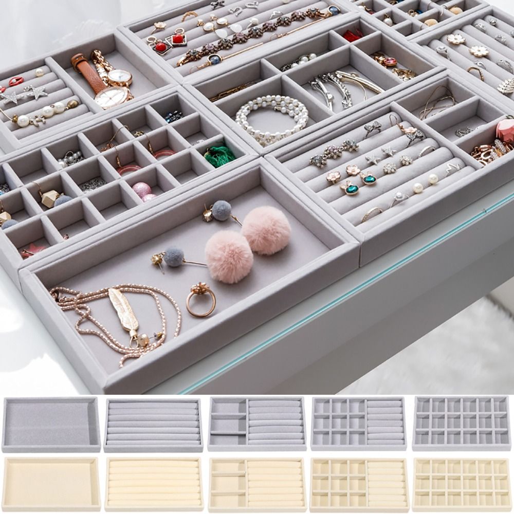 Velvet Jewelry Box - กล่องจัดระเบียบแบบซ้อนได้ กล่องเก็บเครื่องประดับกำมะหยี่ ถาดโชว์กำมะหยี่ ที่จัดระเบียบต่างหู กำไลข้อมือ แหวน