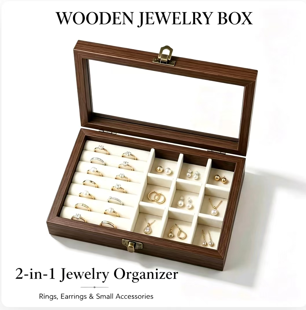 Velvet Jewelry Box - กล่องเก็บเครื่องประดับกำมะหยี่ลายไม้วอลนัทสำหรับวางบนโต๊ะในห้องนอน, กล่องเก็บเครื่องประดับแข็งสไตล์เกาหลีสำหรับเก็บสร้อยคอ ต่างหู และแหวน