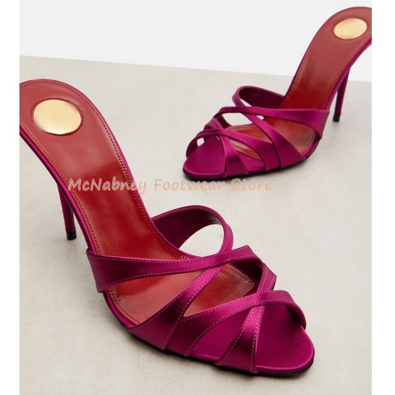 Luxury Lifestyle Shoes - รองเท้าส้นเข็มผ้าซาตินแบบไขว้สไตล์โรมัน รองเท้าผู้หญิงสีแดงไวน์ ทำมือ รองเท้าแตะผู้หญิงสุดหรู รองเท้าแตะฤดูร้อน
